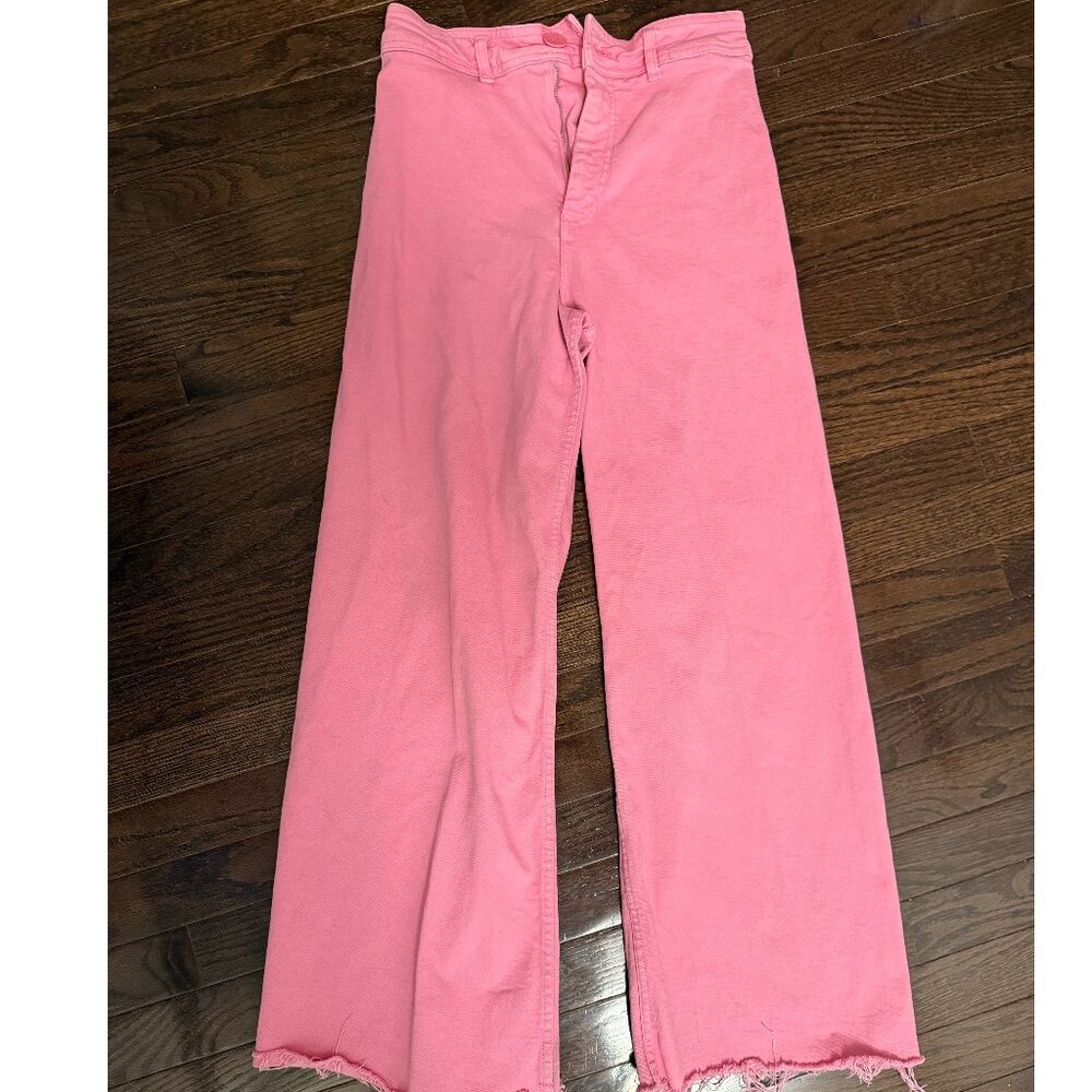 Zara Women Jeans Marine Straight Wide Leg Pink Denim Raw Hem Barbie Size 4